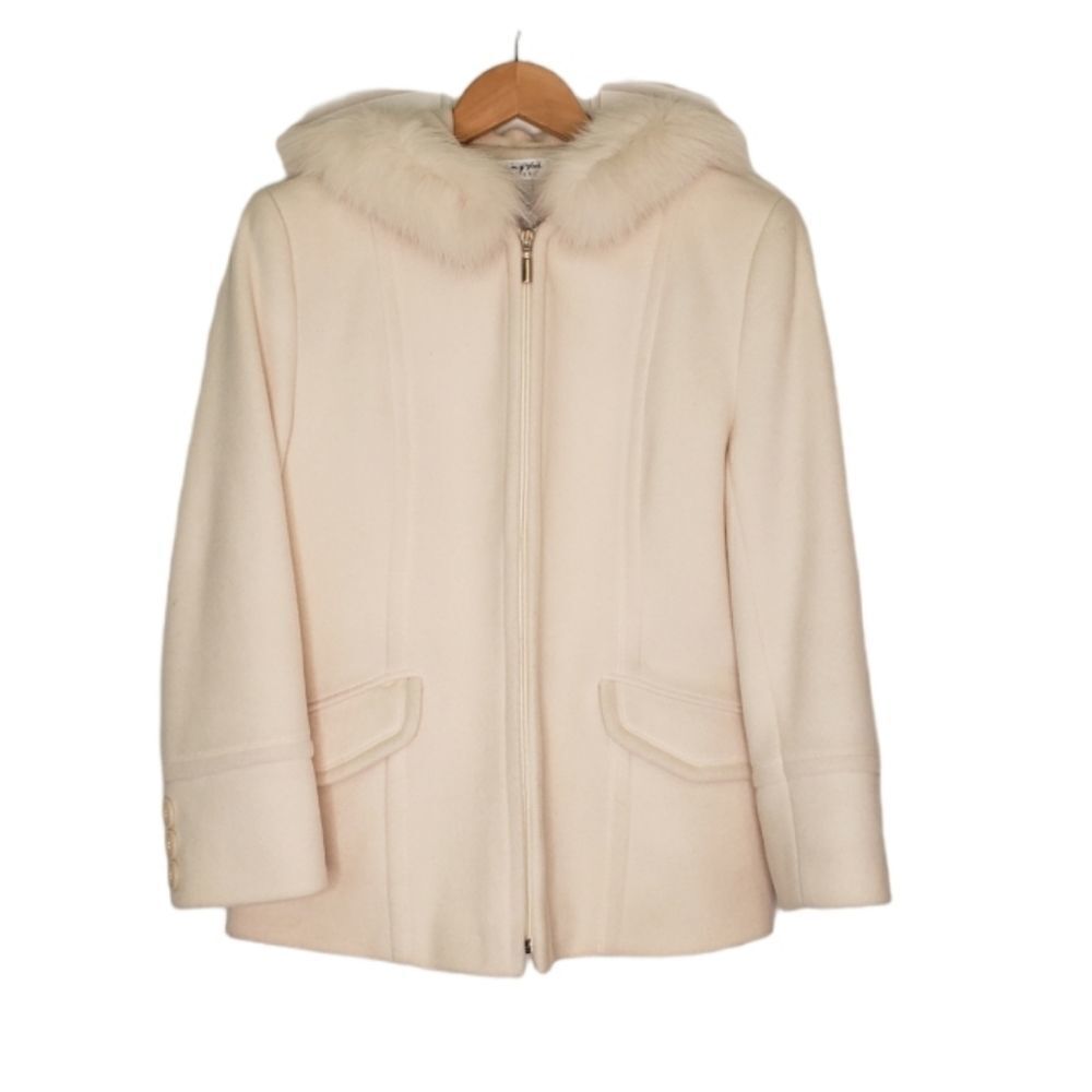Vintage 100% Wool, Genuine Fox Fur Hood Cream Coat Size 6 Petites Preston & York